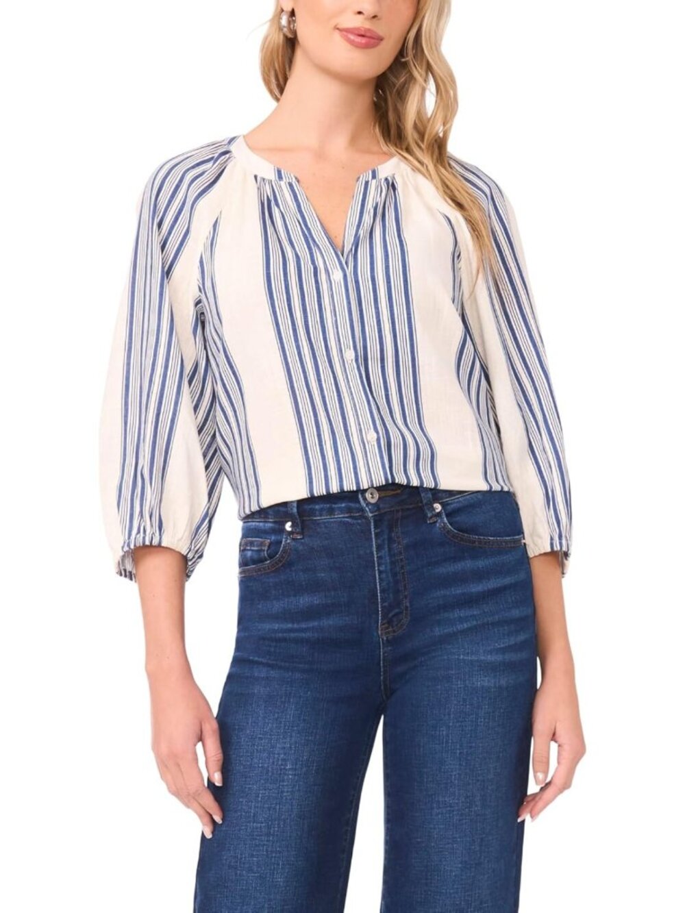 Chic 3/4 Sleeve Striped Linen Blouse, Button Down Raglan Top for Effortless